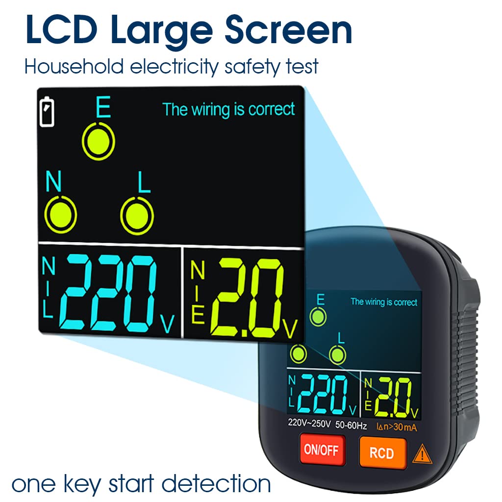 Serplex RCD Socket Tester, EU Plug Voltage Tester with Live Voltage and Leakage Voltage Display, Automatic Voltage and Leakage Check Battery Powered Wall Plug for Neutral Line Wire Serplex RCD Socket Tester, EU Plug Voltage Tester with Live Voltage and Leakage Voltage Display, Automatic Voltage and Leakage Check Battery Powered Wall Plug for Neutral Line Wire